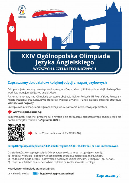 Plakat XXIV Ogólnopolska Olimpiada Języka Angielskiego Wyższych Uczelni Technicznych