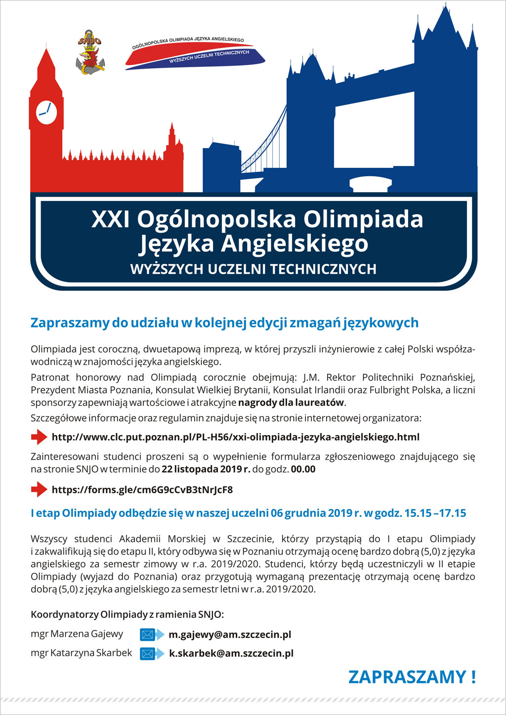 plakat XXI Olimpiada Języka Angielskiego dla Studentów Wyższych Uczelni Technicznych 